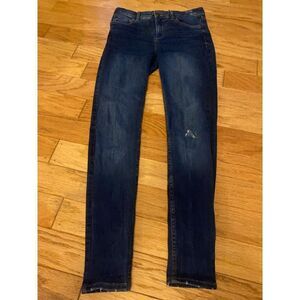 Bershka women's dark wash mid rise lightly distressed jeans size 4